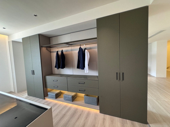 Walk-in closet with leather wardrobe products