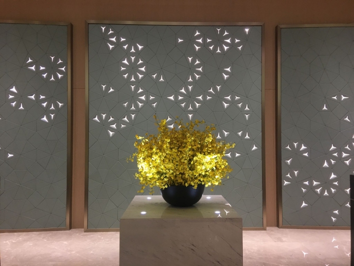 Reception area custom leather backdrop