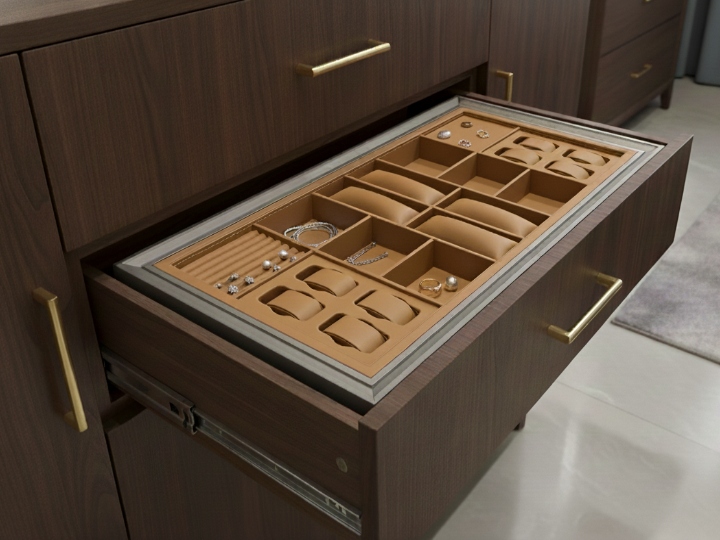 Custom leather jewelry storage in drawer